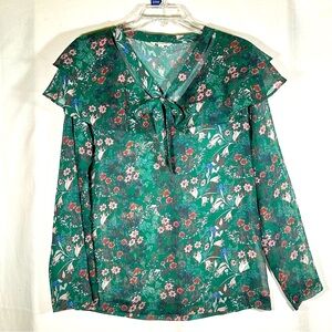Promesa Forest Garden Floral Fairy Green Sheer Scarf Blouse Women's Medium